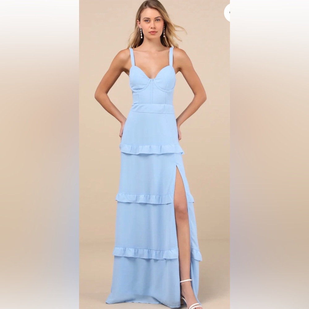 Lulu's Light Blue Backless Bustier Tiered Maxi Dress